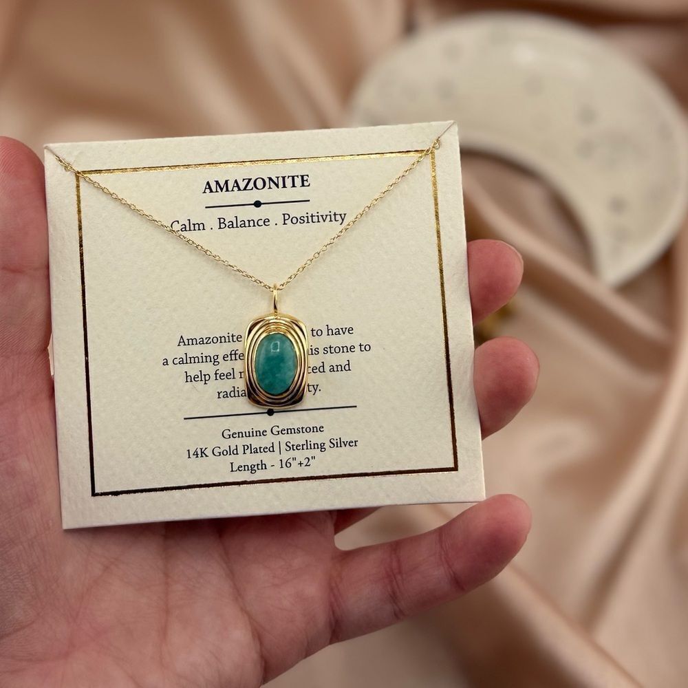 AmazoniteβGenuine Gemstone Necklace β 14K Gold Plated Sterling Silver - Picture 1 of 5